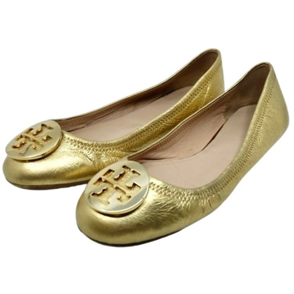 Tory Burch Reva Metallic Gold Logo Flats Size 8 - Picture 1 of 8